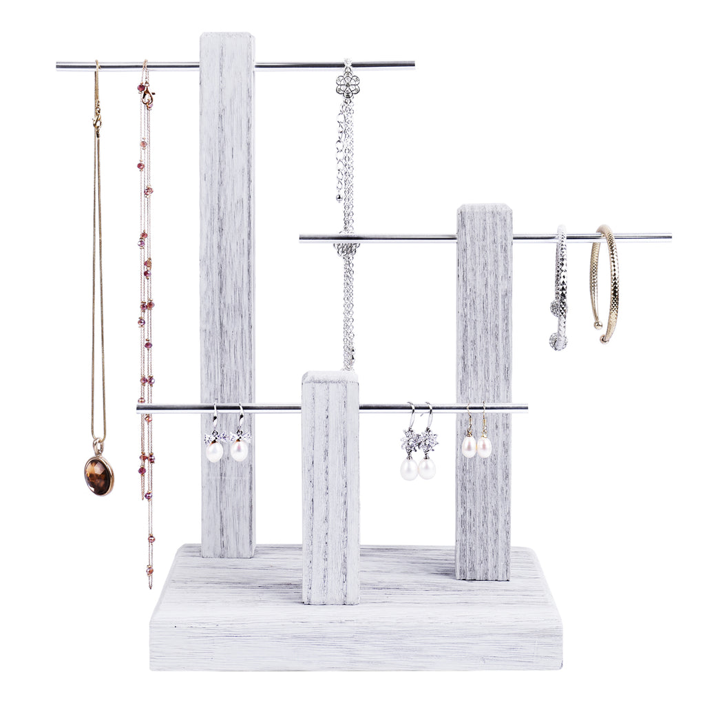 Ikee Design®  3-Tiers Wooden Sliver Aluminum Poles Jewelry Display Stand