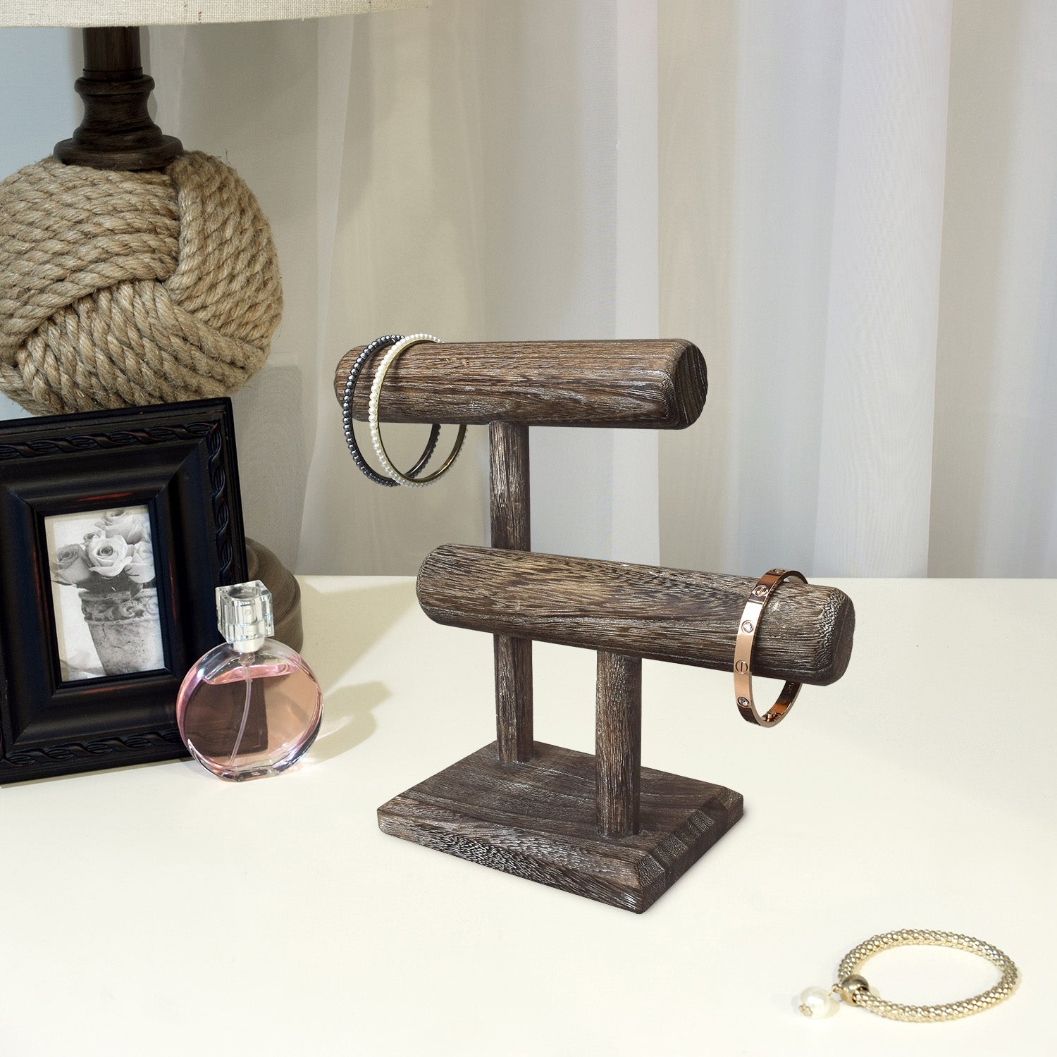  2 Tier Wooden Bracelet T Bar Jewelry Bracelet Watch Display