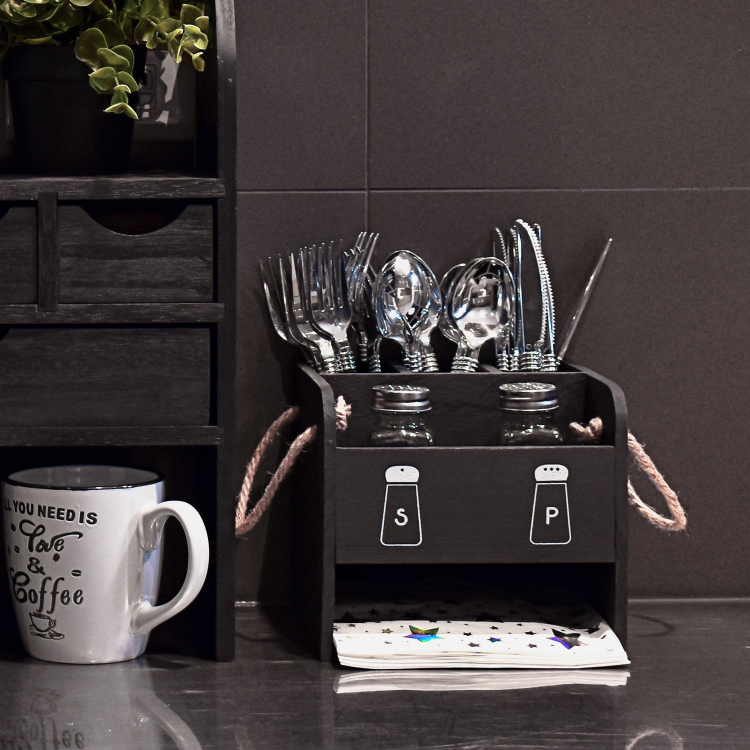 Ikee Design® Wooden Utensil Flatware Caddy Holder with Handles - Hold