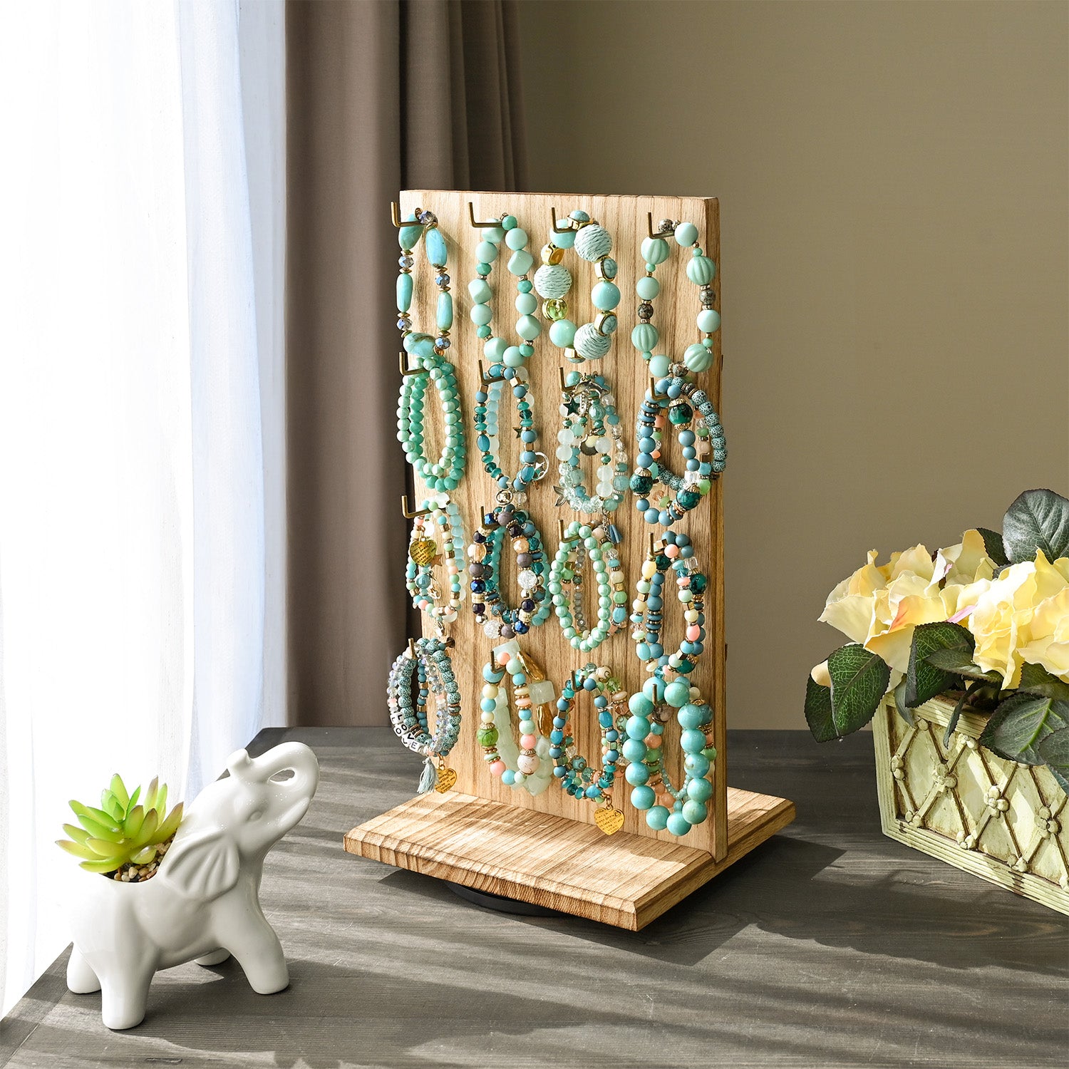 #WD5062L Two-Sided Wooden Jewelry Display Stand with 32 Hooks