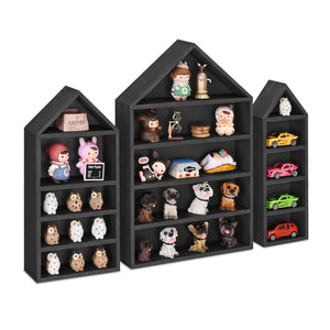 Ikee Design® 3 Pcs Set House-Shaped Shelf Wooden Shadow Cubby Box Display Shelf Organizer Storage Display Shadow Box for Mini Figures,15 Compartments, Brown Color