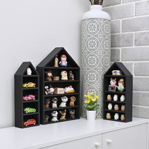 Ikee Design® 3 Pcs Set House-Shaped Shelf Wooden Shadow Cubby Box Display Shelf Organizer Storage Display Shadow Box for Mini Figures,15 Compartments, Brown Color