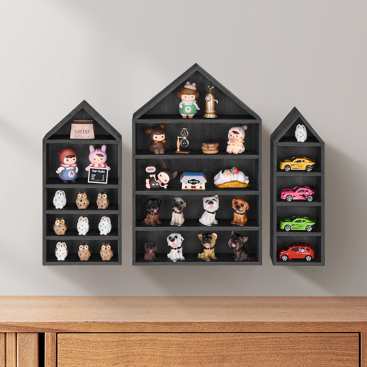 Ikee Design® 3 Pcs Set House-Shaped Shelf Wooden Shadow Cubby Box Display Shelf Organizer Storage Display Shadow Box for Mini Figures,15 Compartments, Brown Color