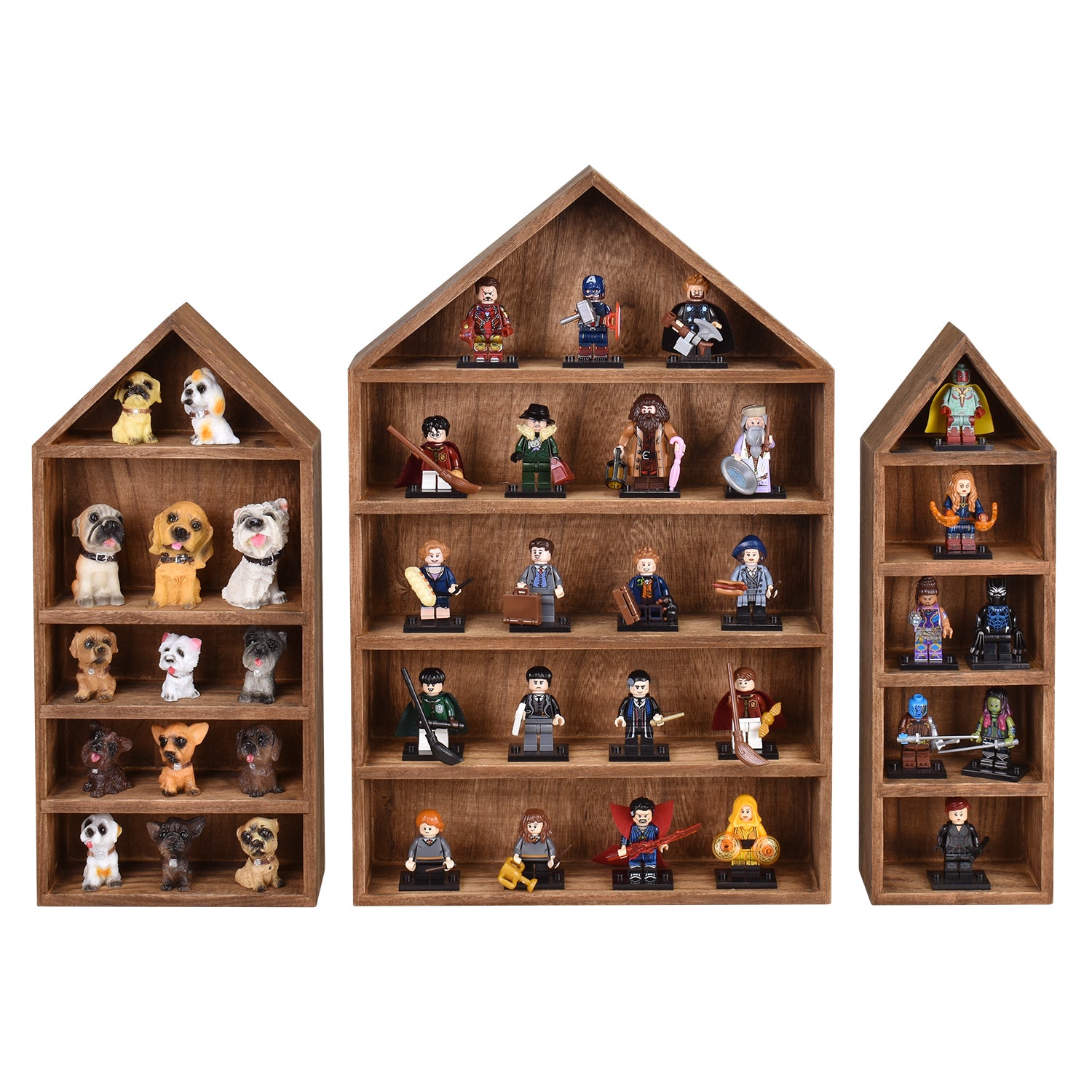 3 Pcs Set House-Shaped Shelf Wooden Shadow Box Organizer Storage for Mini Figures,15 Compartments