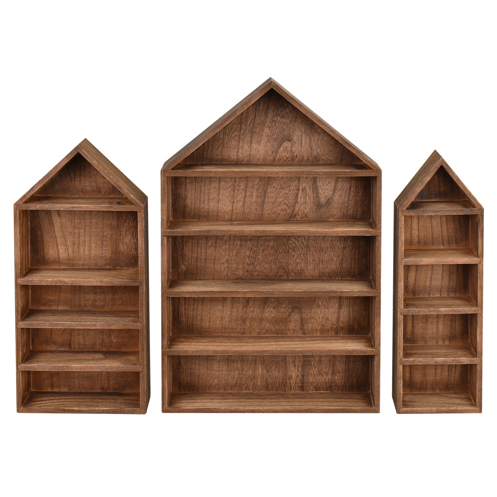 3 Pcs Set House-Shaped Shelf Wooden Shadow Box Organizer Storage for Mini Figures,15 Compartments