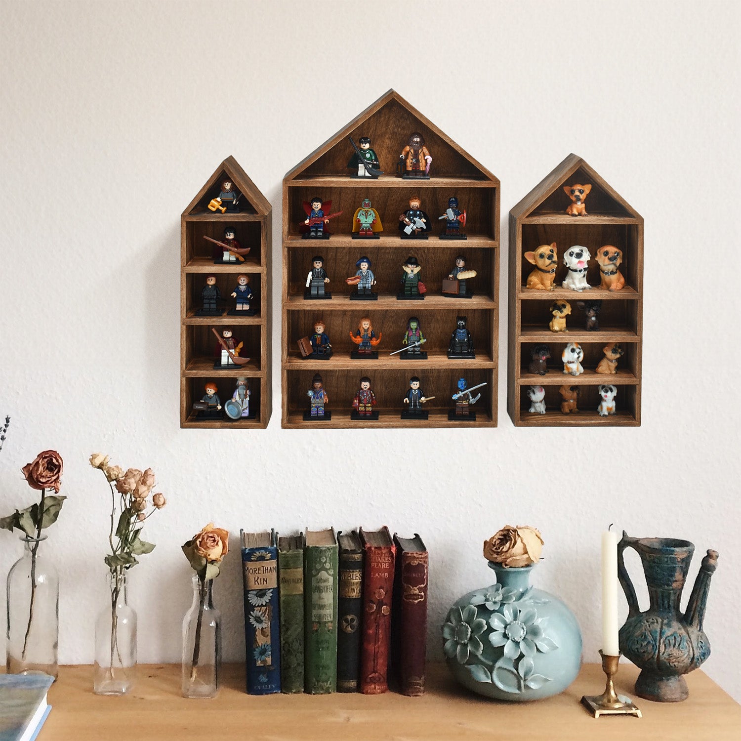 3 Pcs Set House-Shaped Shelf Wooden Shadow Box Organizer Storage for Mini Figures,15 Compartments