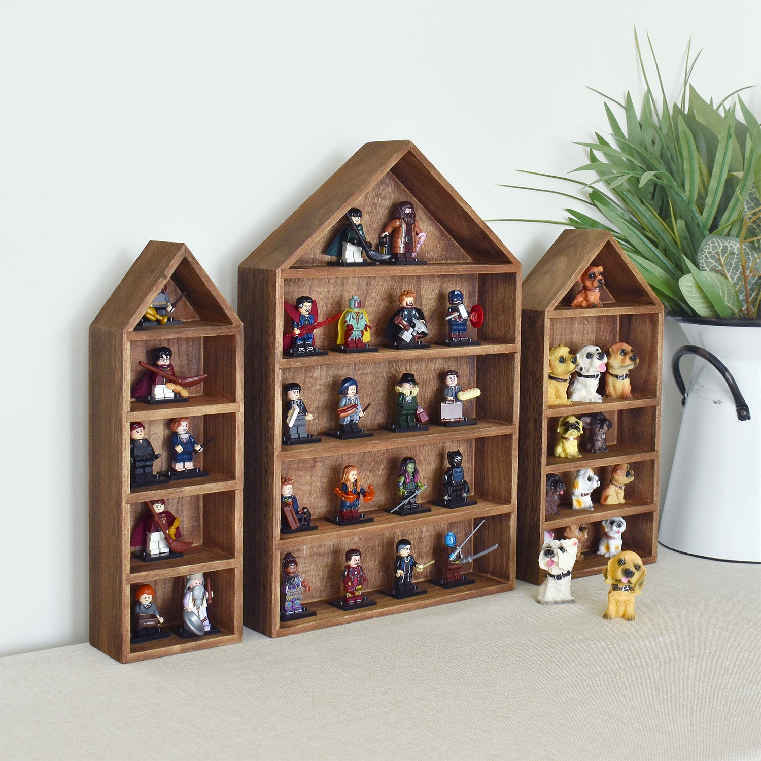 3 Pcs Set House-Shaped Shelf Wooden Shadow Box Organizer Storage for Mini Figures,15 Compartments