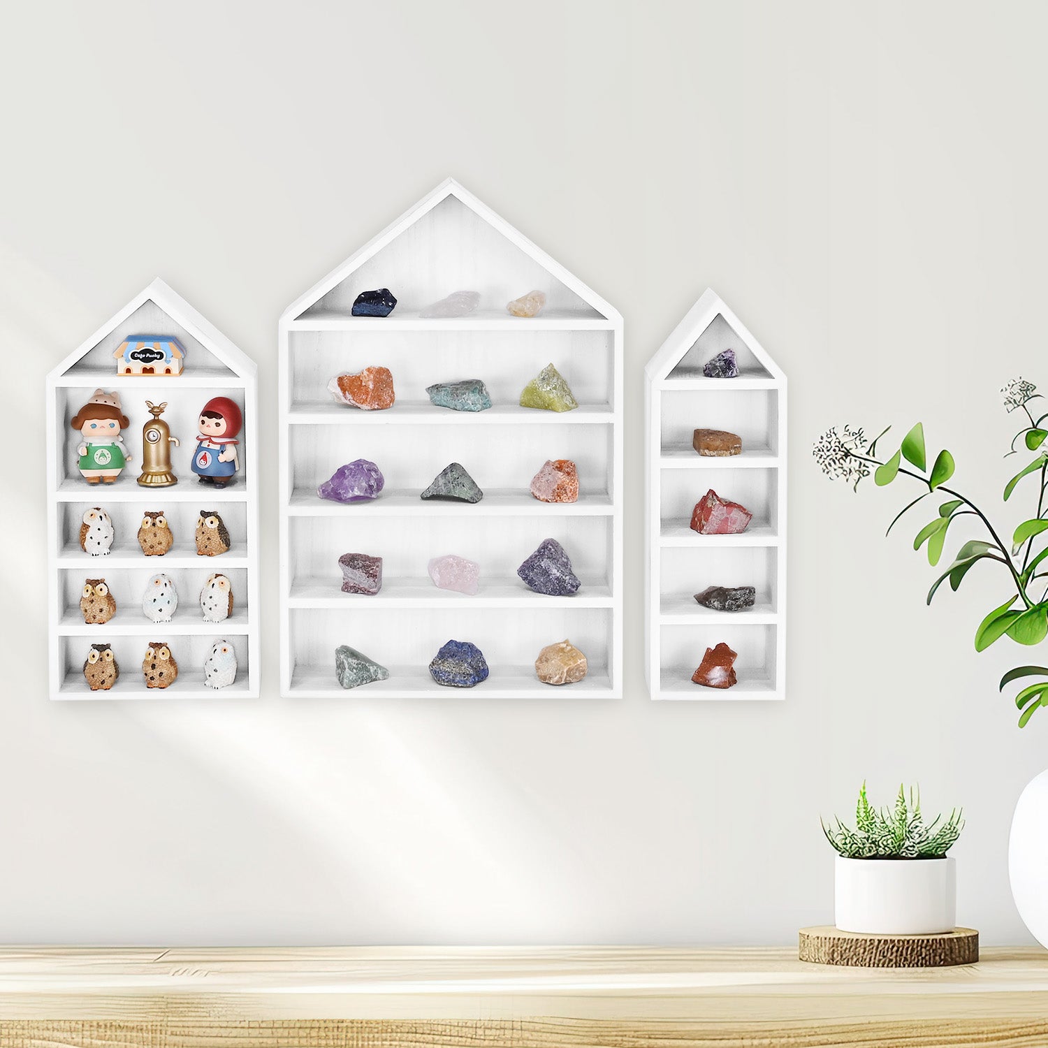 3 Pcs Set House-Shaped Shelf Wooden Shadow Cubby Box