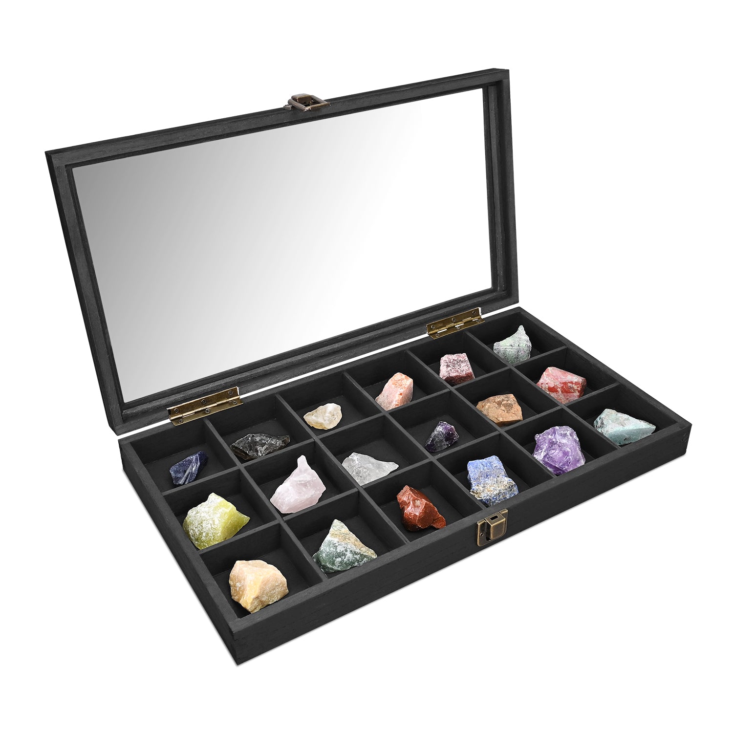 Wooden Jewelry Display Case with Tempered Glass Lid,18 Compartments Tray