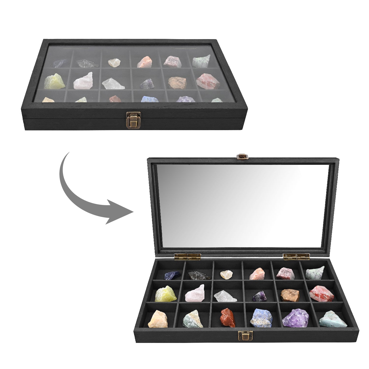 Wooden Jewelry Display Case with Tempered Glass Lid,18 Compartments Tray