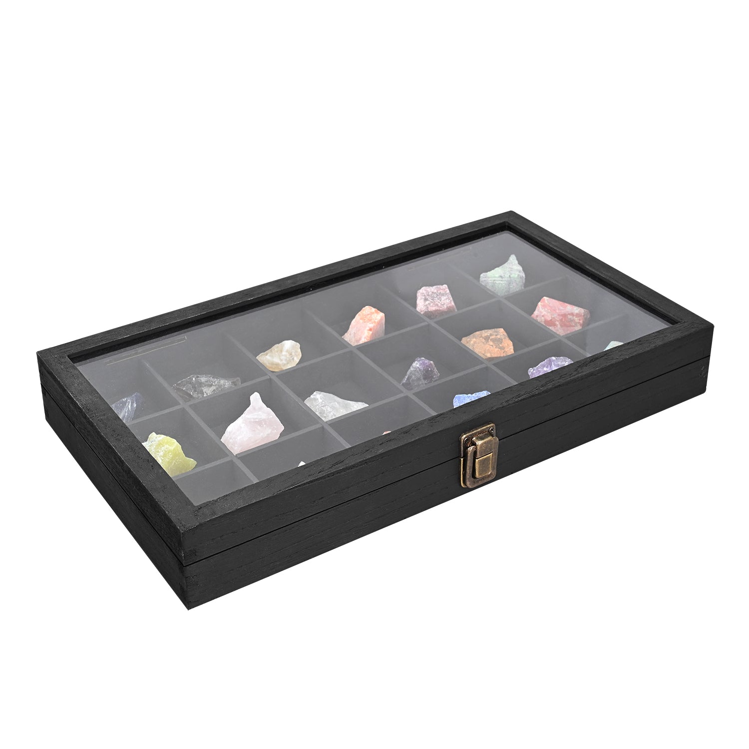 Wooden Jewelry Display Case with Tempered Glass Lid,18 Compartments Tray
