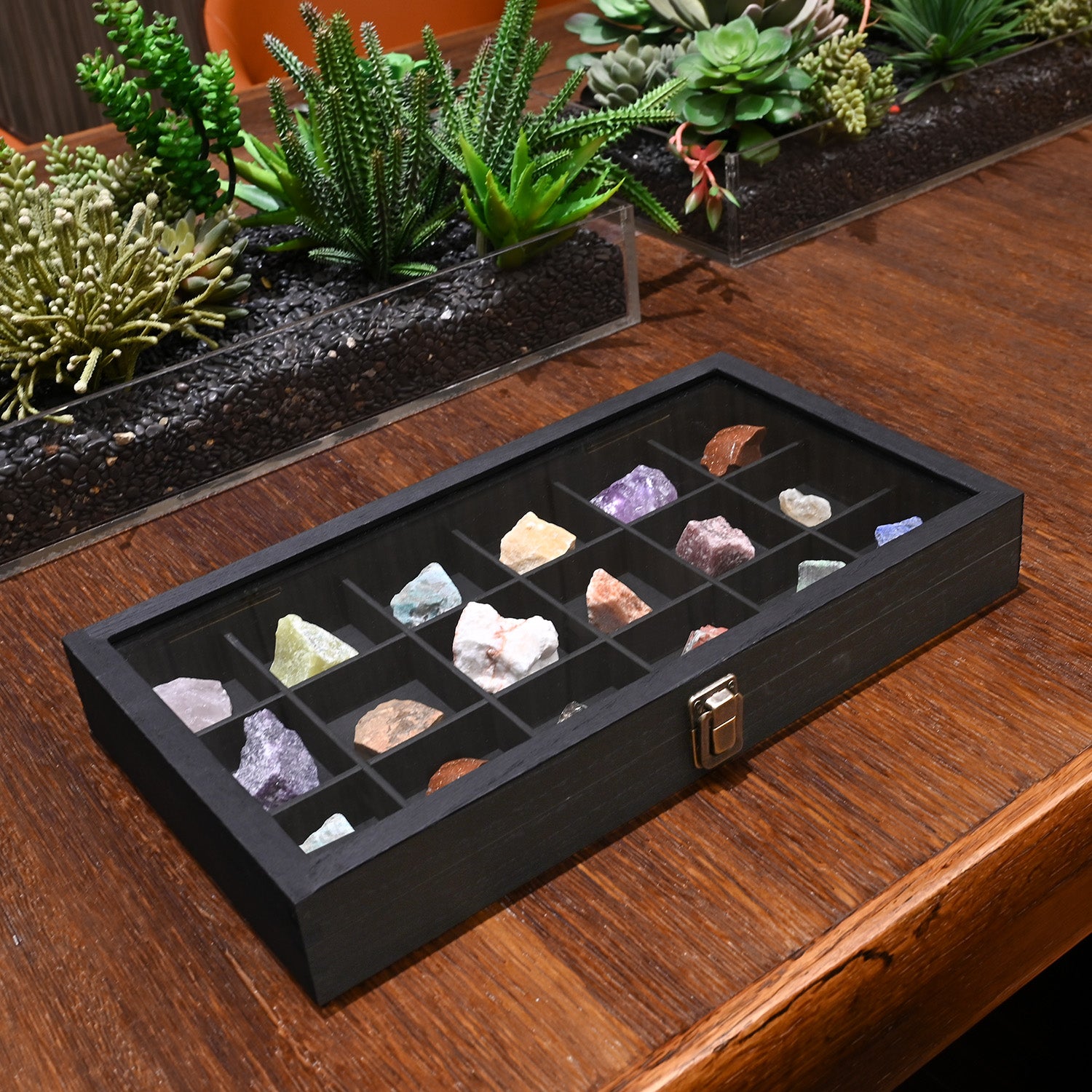 Wooden Jewelry Display Case with Tempered Glass Lid,18 Compartments Tray