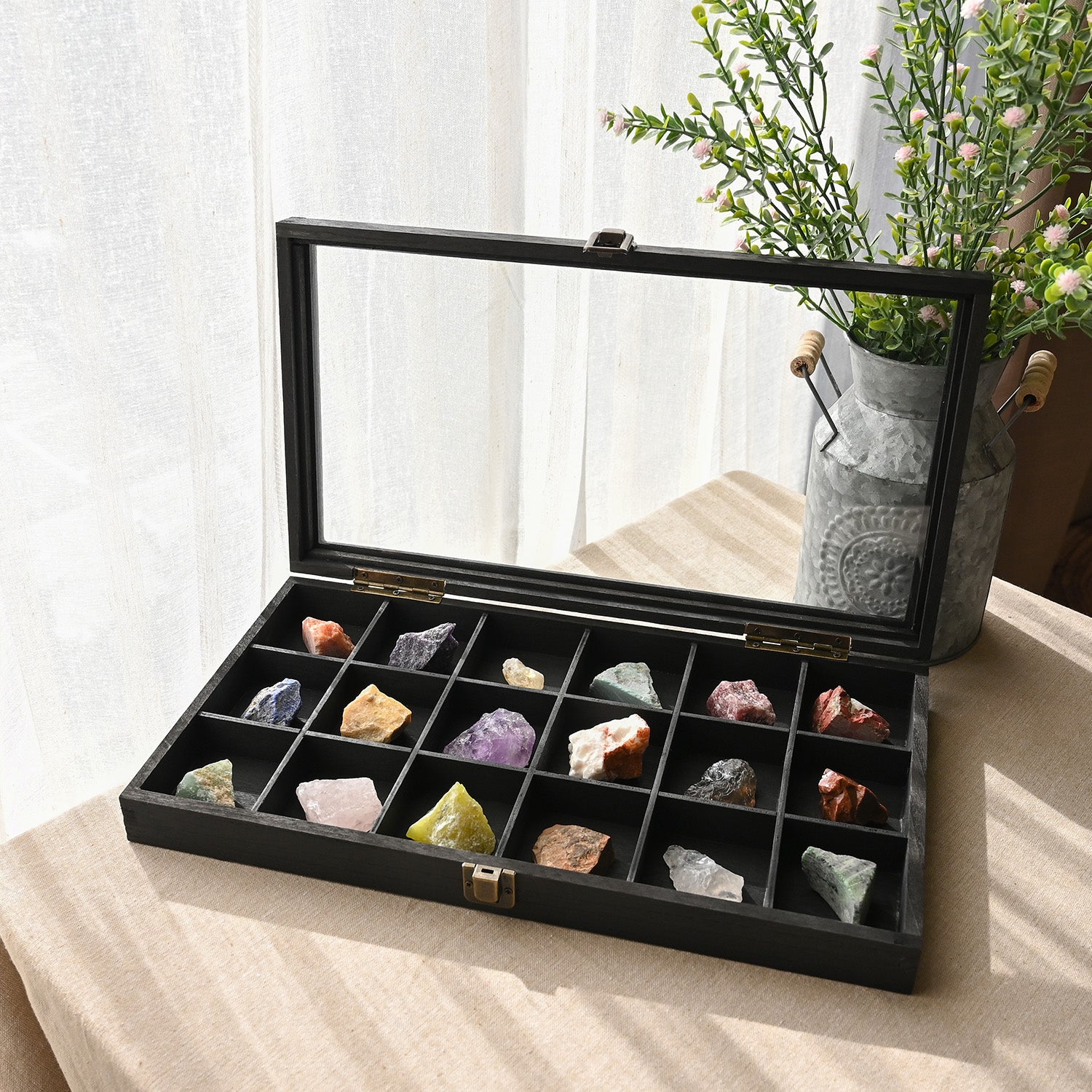 Wooden Jewelry Display Case with Tempered Glass Lid,18 Compartments Tray