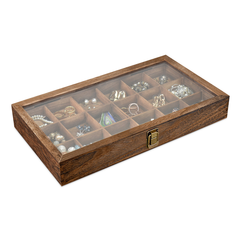 Wooden Jewelry Display Case with Tempered Glass Lid,18 Compartments Tray