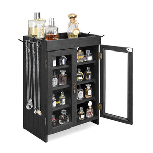 Ikee Design® Wooden Countertop Multipurpose Storage Cabinet with Removable Shelves for Kitchen, Vanity, Glass Window Door with 4 Metal Hooks