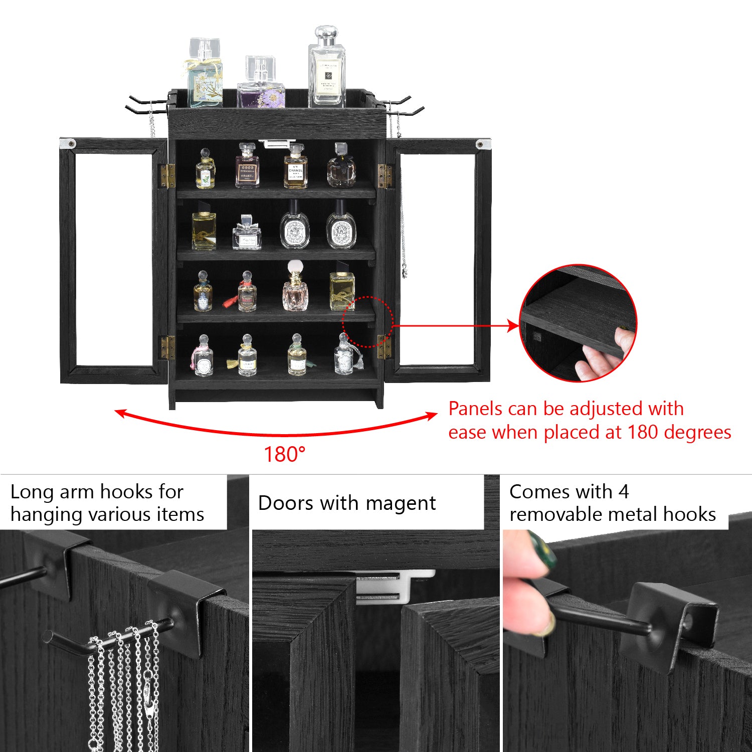 Ikee Design® Wooden Countertop Multipurpose Storage Cabinet with Removable Shelves for Kitchen, Vanity, Glass Window Door with 4 Metal Hooks