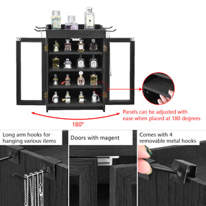 Ikee Design® Wooden Countertop Multipurpose Storage Cabinet with Removable Shelves for Kitchen, Vanity, Glass Window Door with 4 Metal Hooks