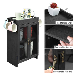 Ikee Design® Wooden Countertop Multipurpose Storage Cabinet with Removable Shelves for Kitchen, Vanity, Glass Window Door with 4 Metal Hooks