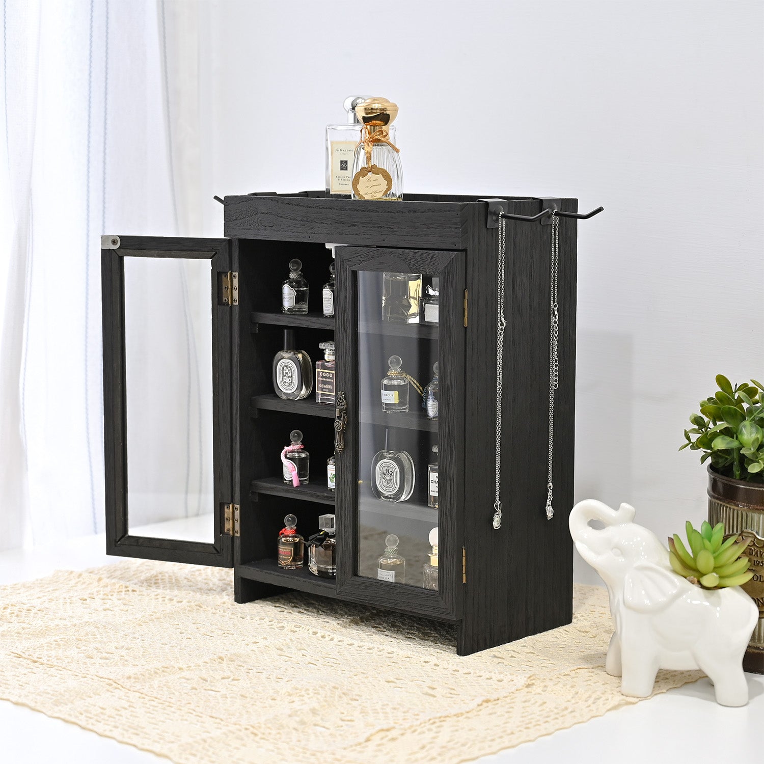 Ikee Design® Wooden Countertop Multipurpose Storage Cabinet with Removable Shelves for Kitchen, Vanity, Glass Window Door with 4 Metal Hooks