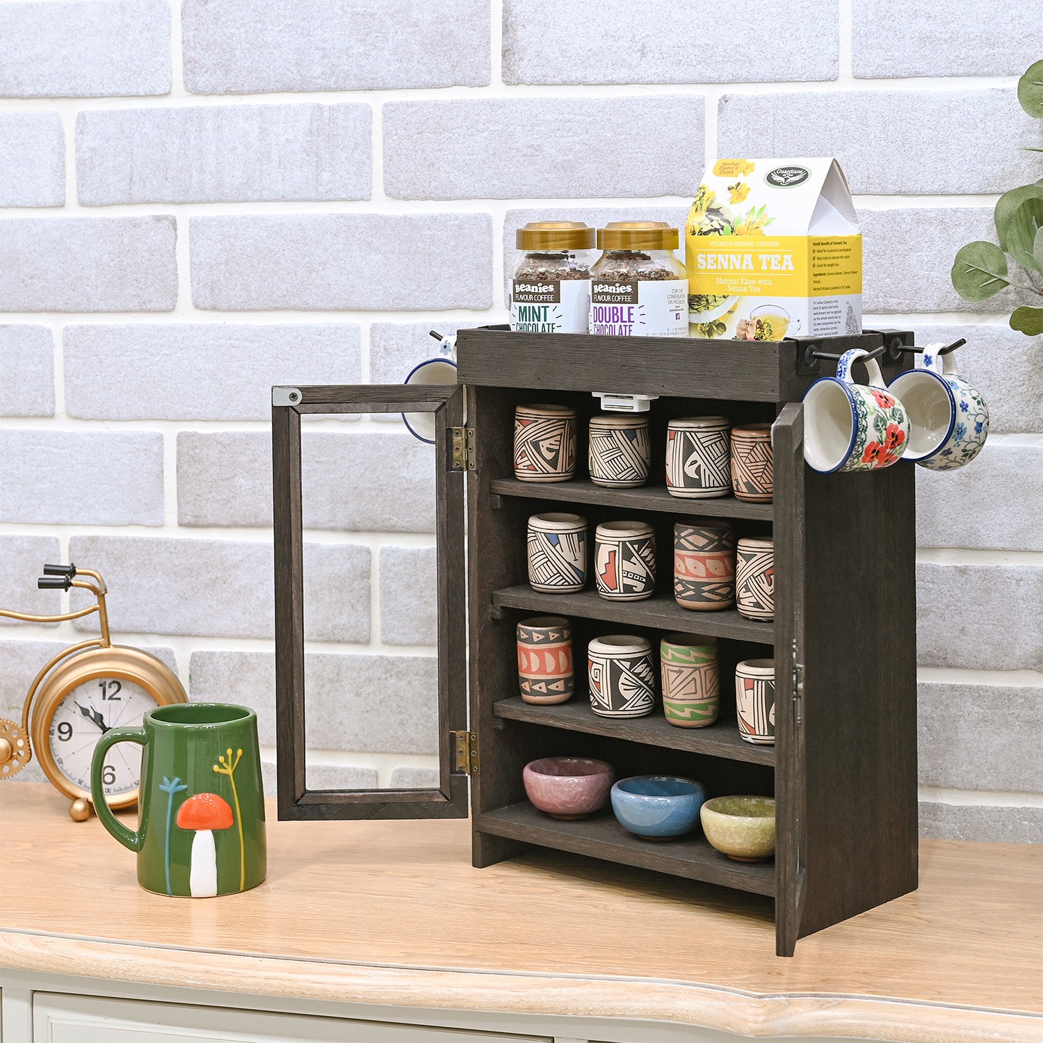 Ikee Design Wooden Countertop Multipurpose Storage Cabinet 4 hooks Wood-wash-white
