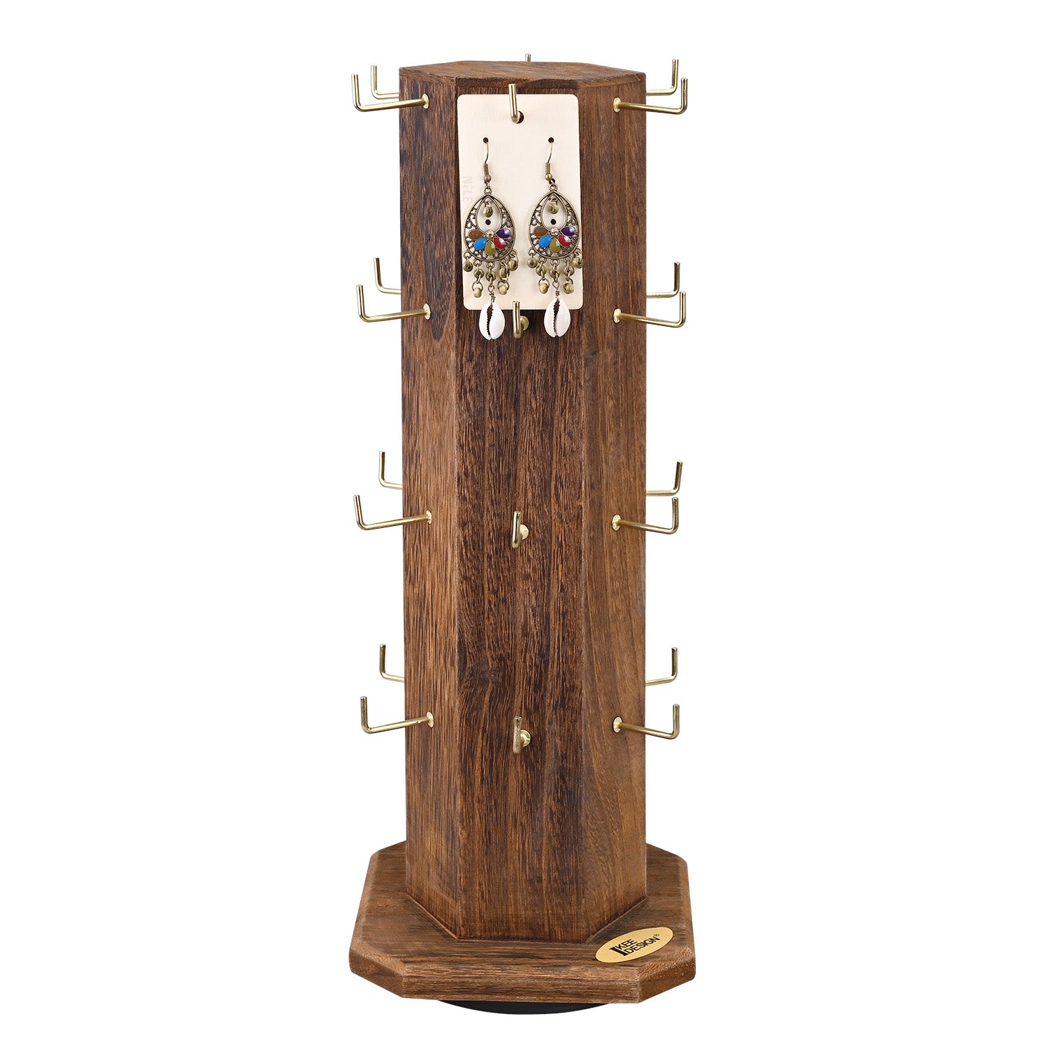 Ikee Design® 24 Hooks Wood Hexagon 6 Sided Rotating Jewelry Display Stand Tower, Brown Color