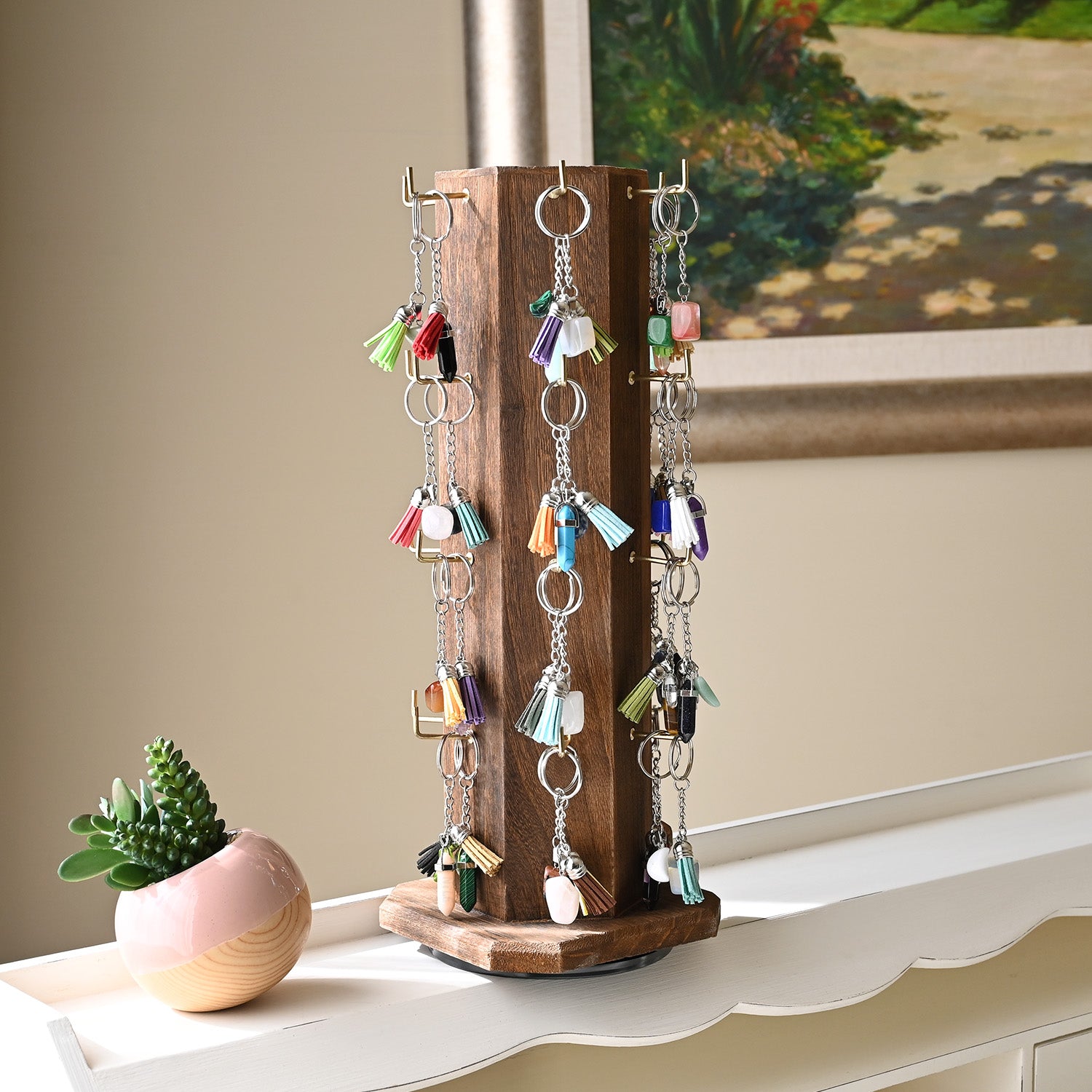 Ikee Design® 24 Hooks Wood Hexagon 6 Sided Rotating Jewelry Display Stand Tower, Brown Color