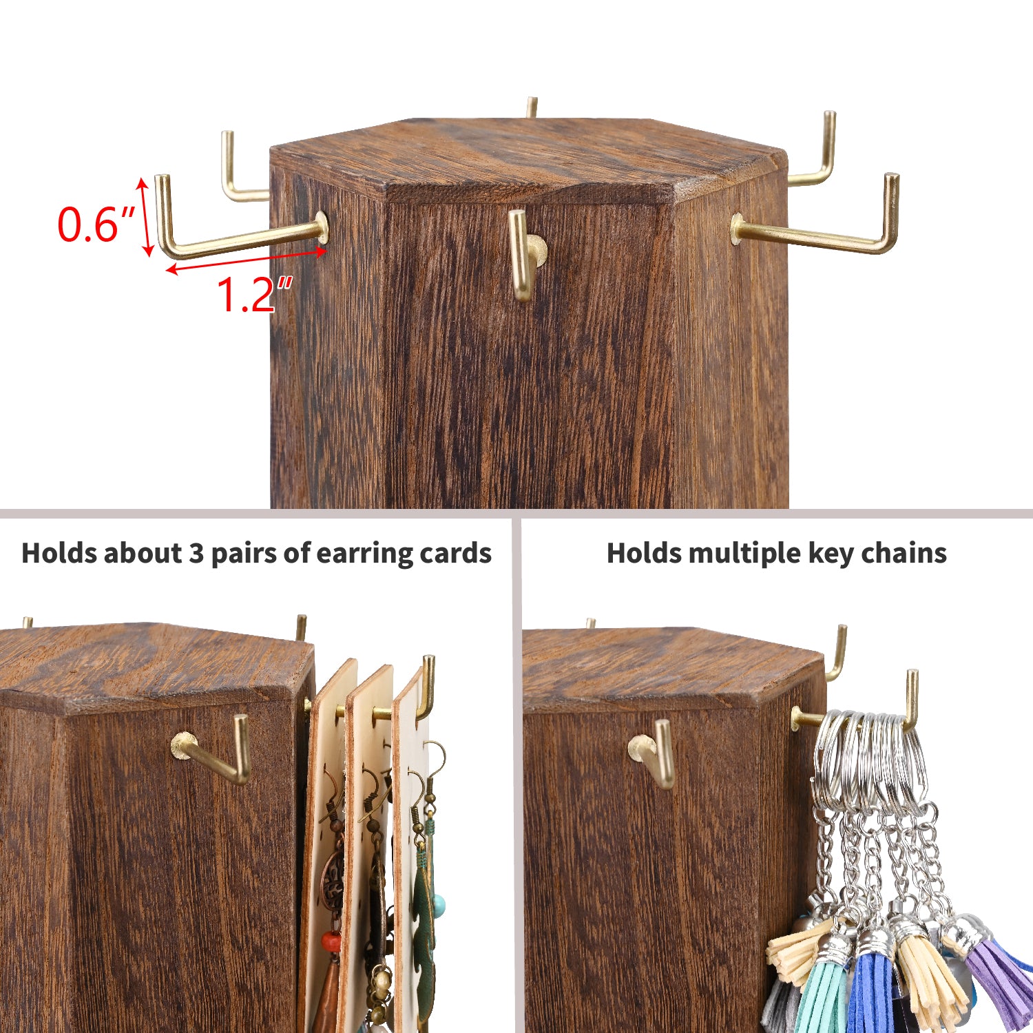 Ikee Design® 24 Hooks Wood Hexagon 6 Sided Rotating Jewelry Display Stand Tower, Brown Color