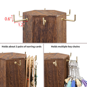 Ikee Design® 24 Hooks Wood Hexagon 6 Sided Rotating Jewelry Display Stand Tower, Brown Color