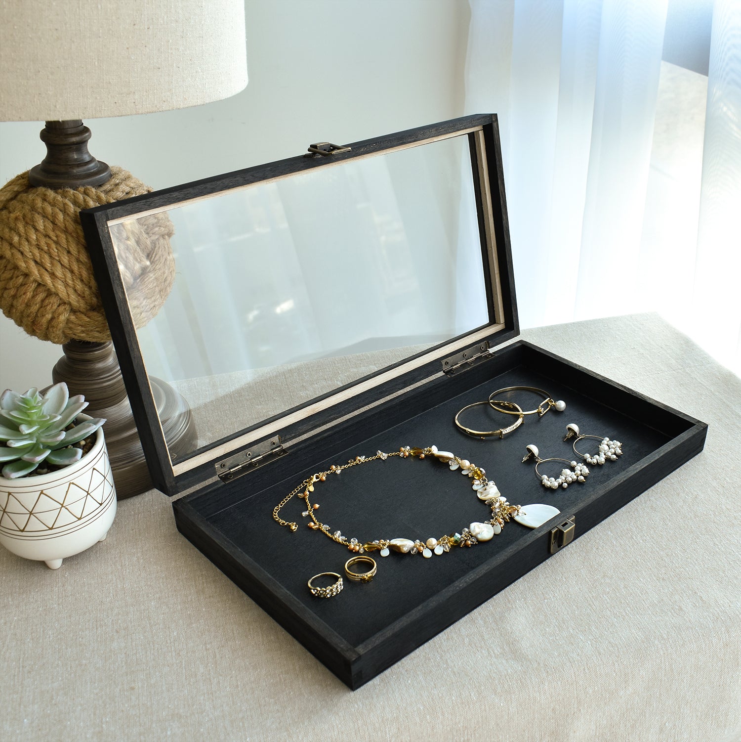 Ikee Design® Antique Wood Storage Jewelry display Case with Tempered Glass View Top