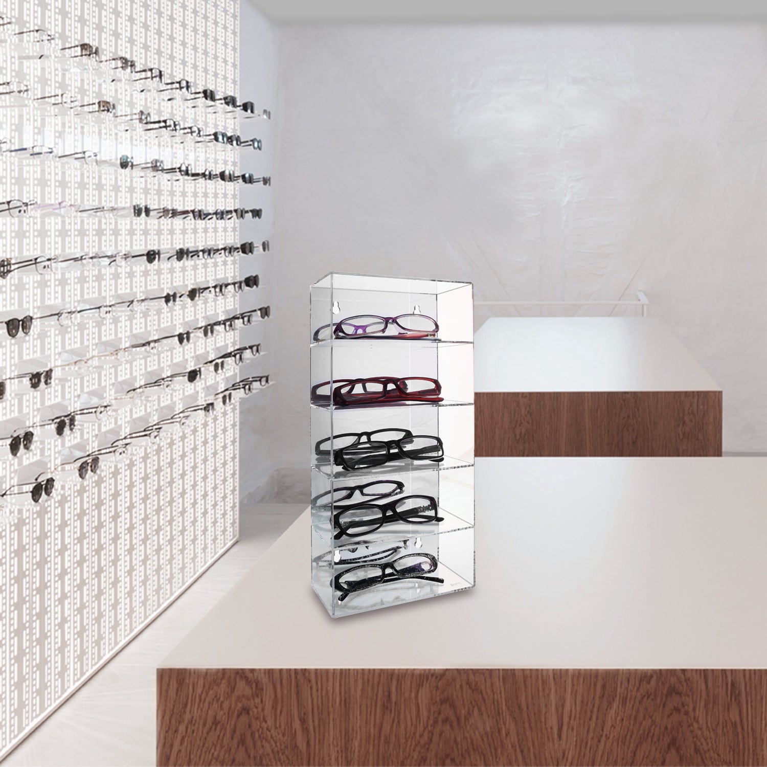 Ikee Design® Wall Mounted Acrylic Mirror Backed 5-Shelves Eyewear Display