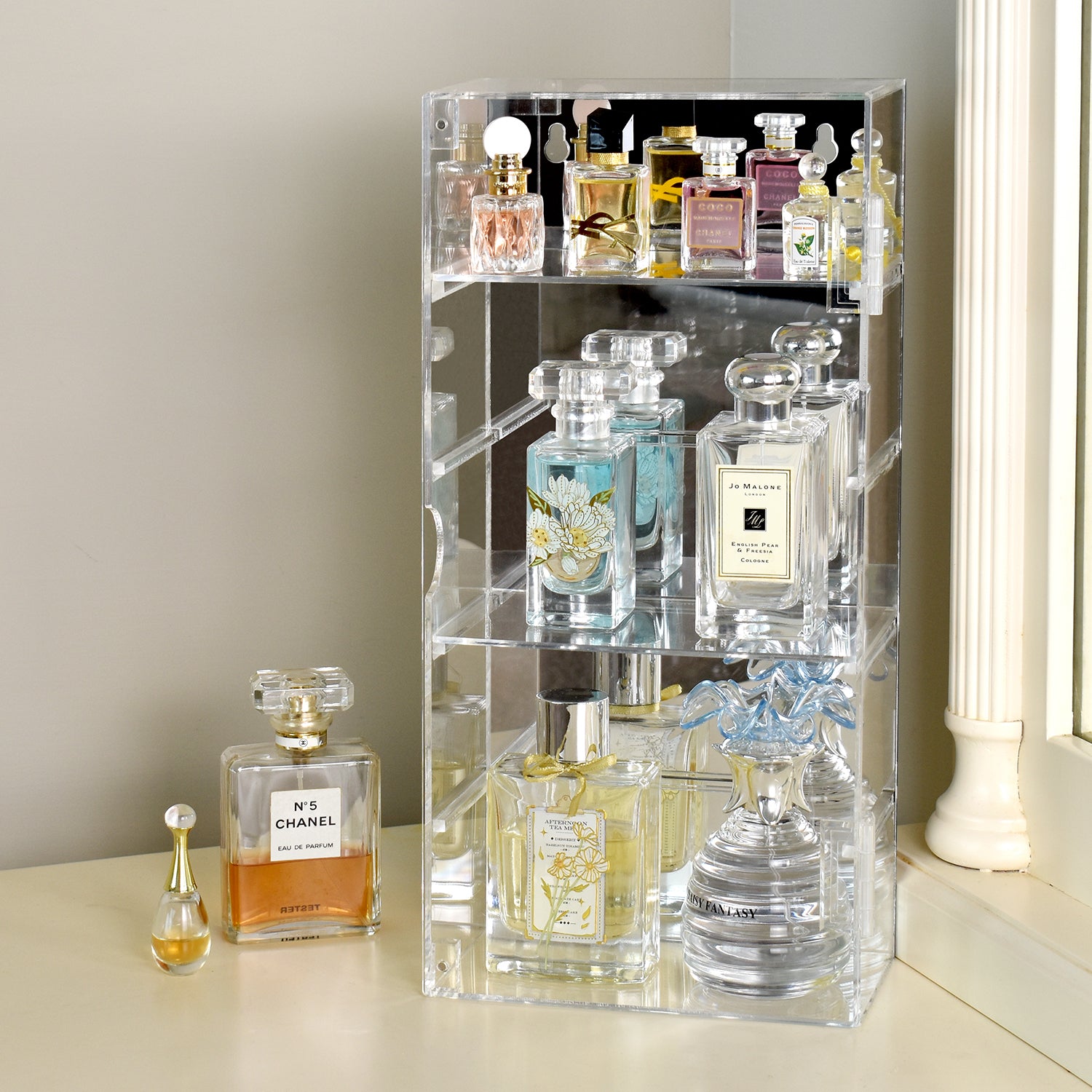 Acrylic 5 Levels Mirrored Back Display Shelf with Door