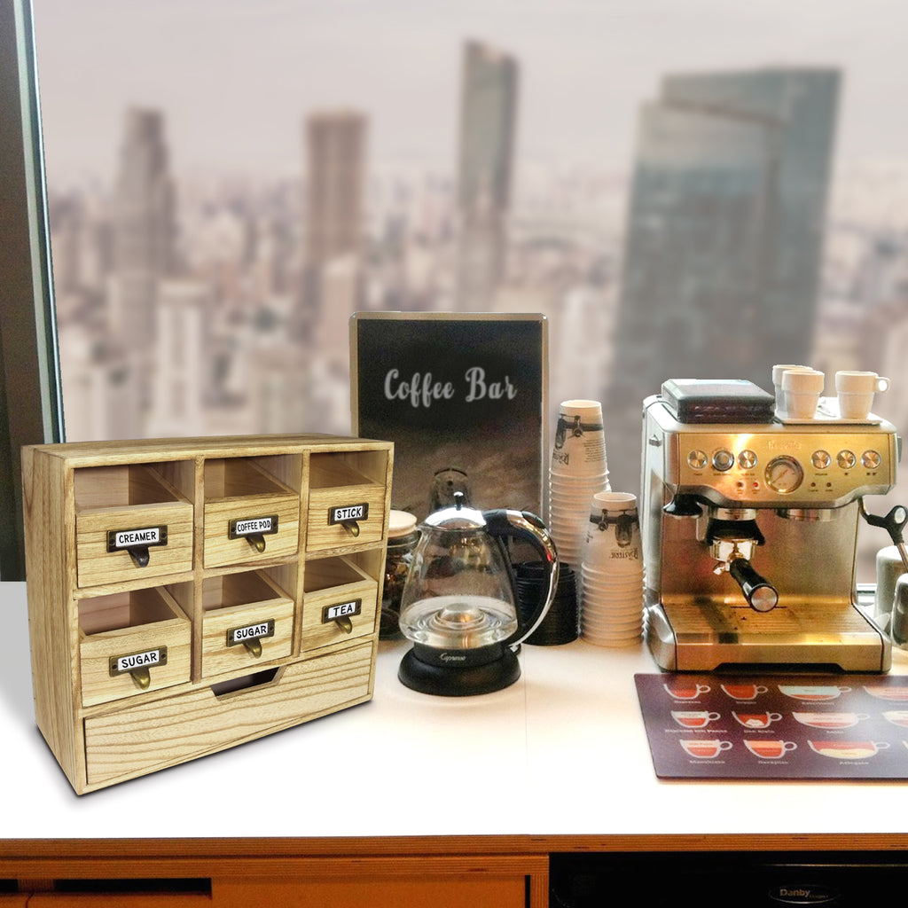 Ikee Design® Natural Wood Color Wood Desktop Organizer Drawer Set with Metal Label Holder