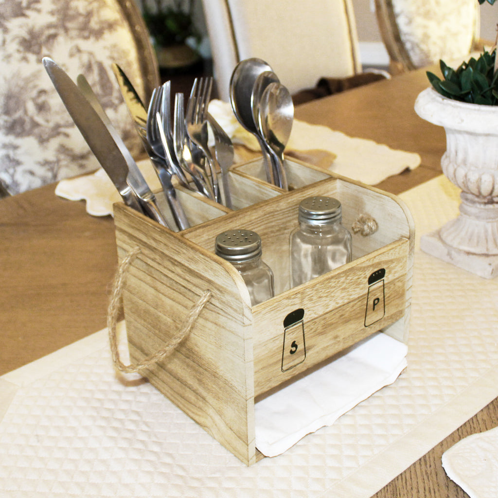 Ikee Design® Wooden Utensil Flatware Caddy Holder with Handles - Hold