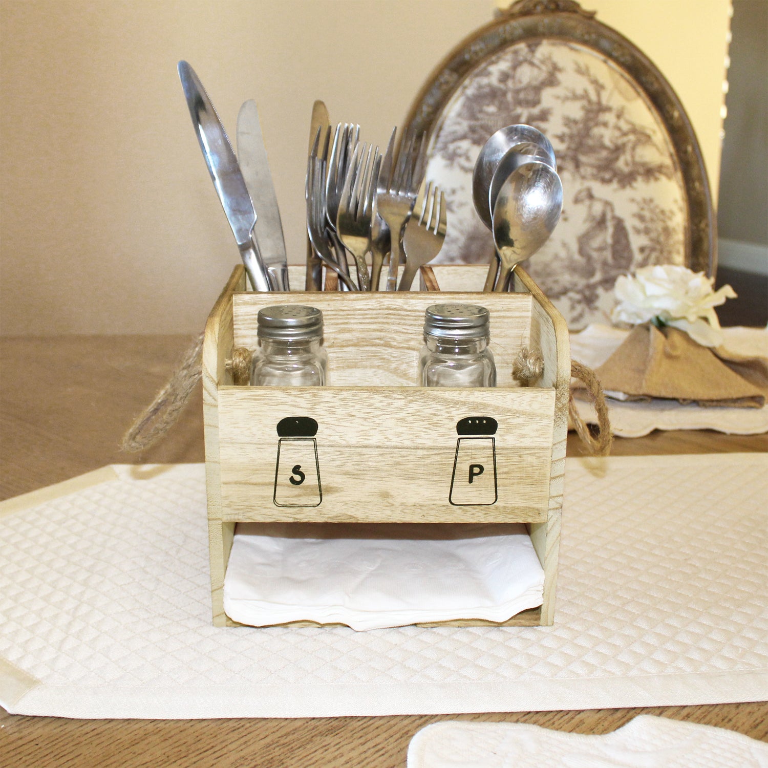 Ikee Design® Wooden Utensil Flatware Caddy Holder with Handles - Hold