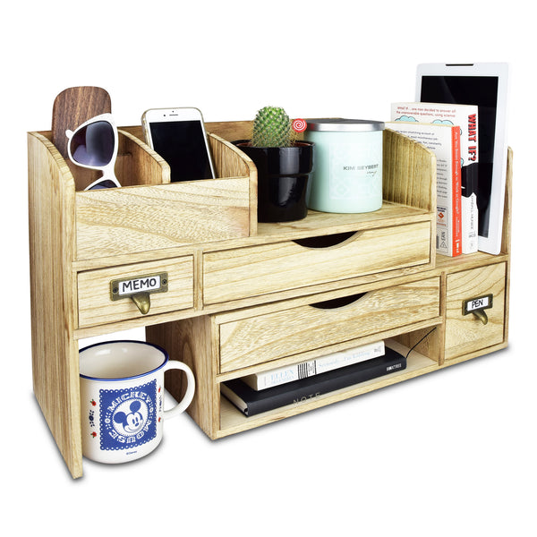 Brown Wood and Acrylic Office Desktop Stationery Organizer, Supply Organizer