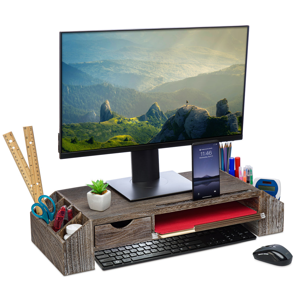 Ikee Design® Wood Clutter-Free Desk Stand with Storage Organizer