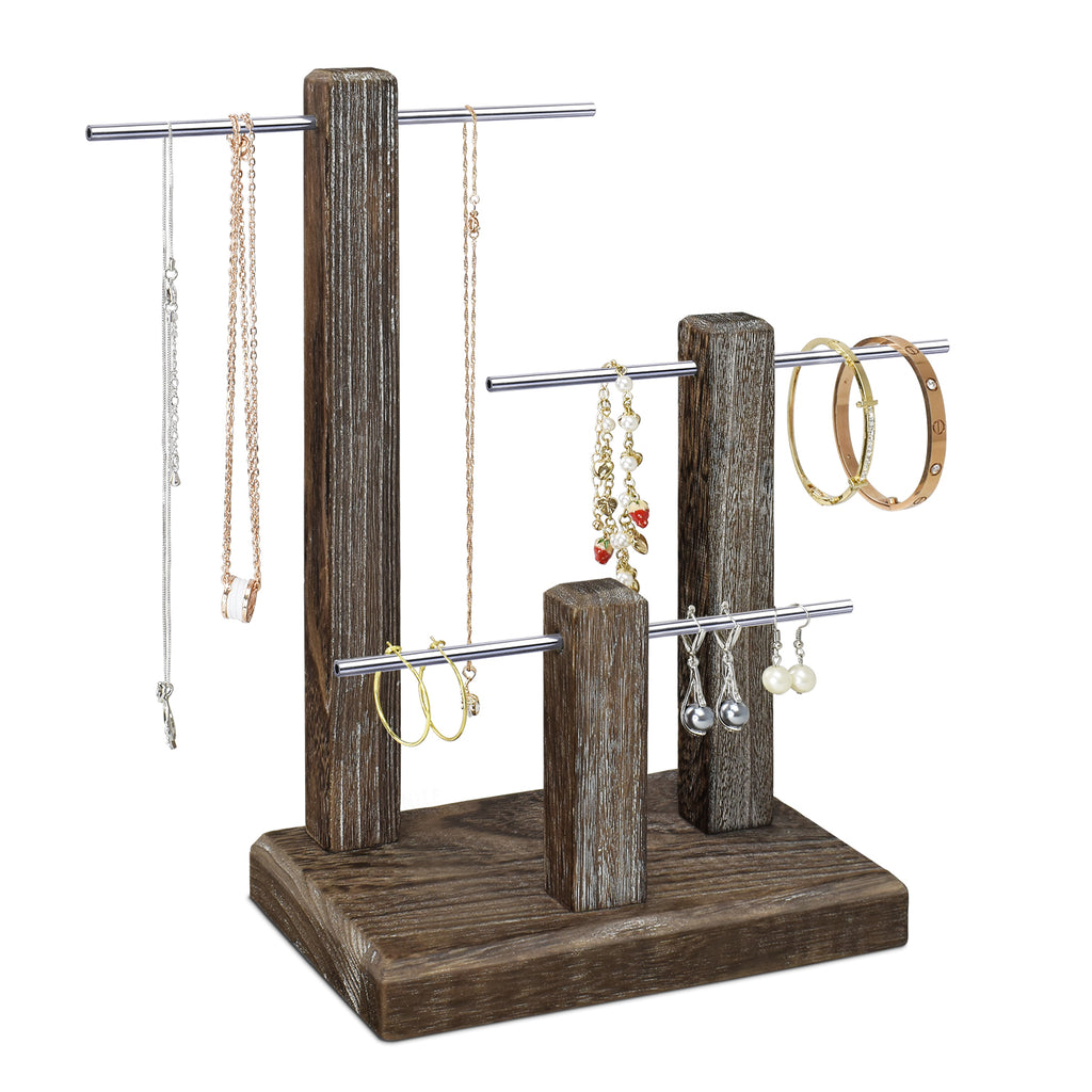 Ikee Design®  3-Tiers Wooden Sliver Aluminum Poles Jewelry Display Stand