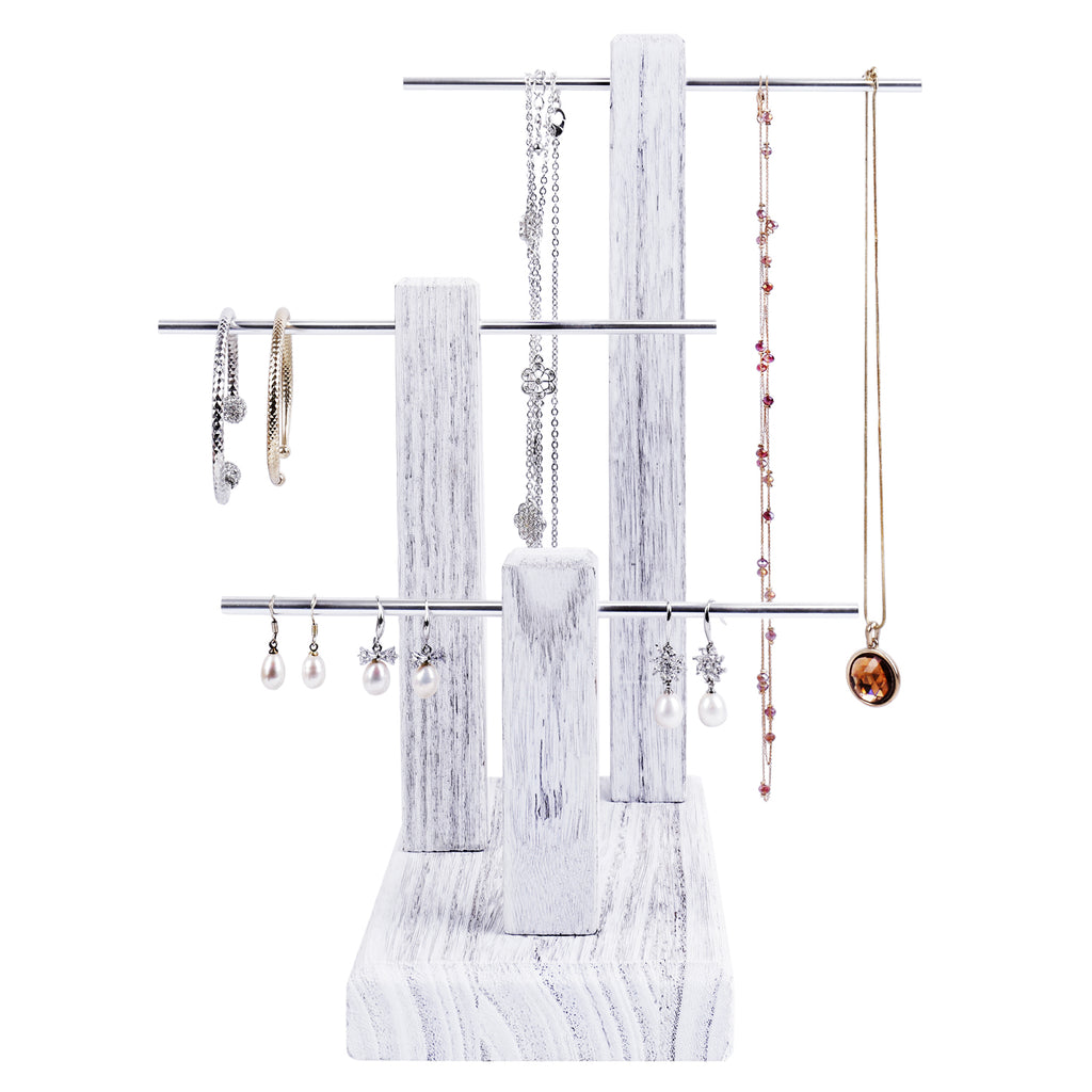 Ikee Design®  3-Tiers Wooden Sliver Aluminum Poles Jewelry Display Stand