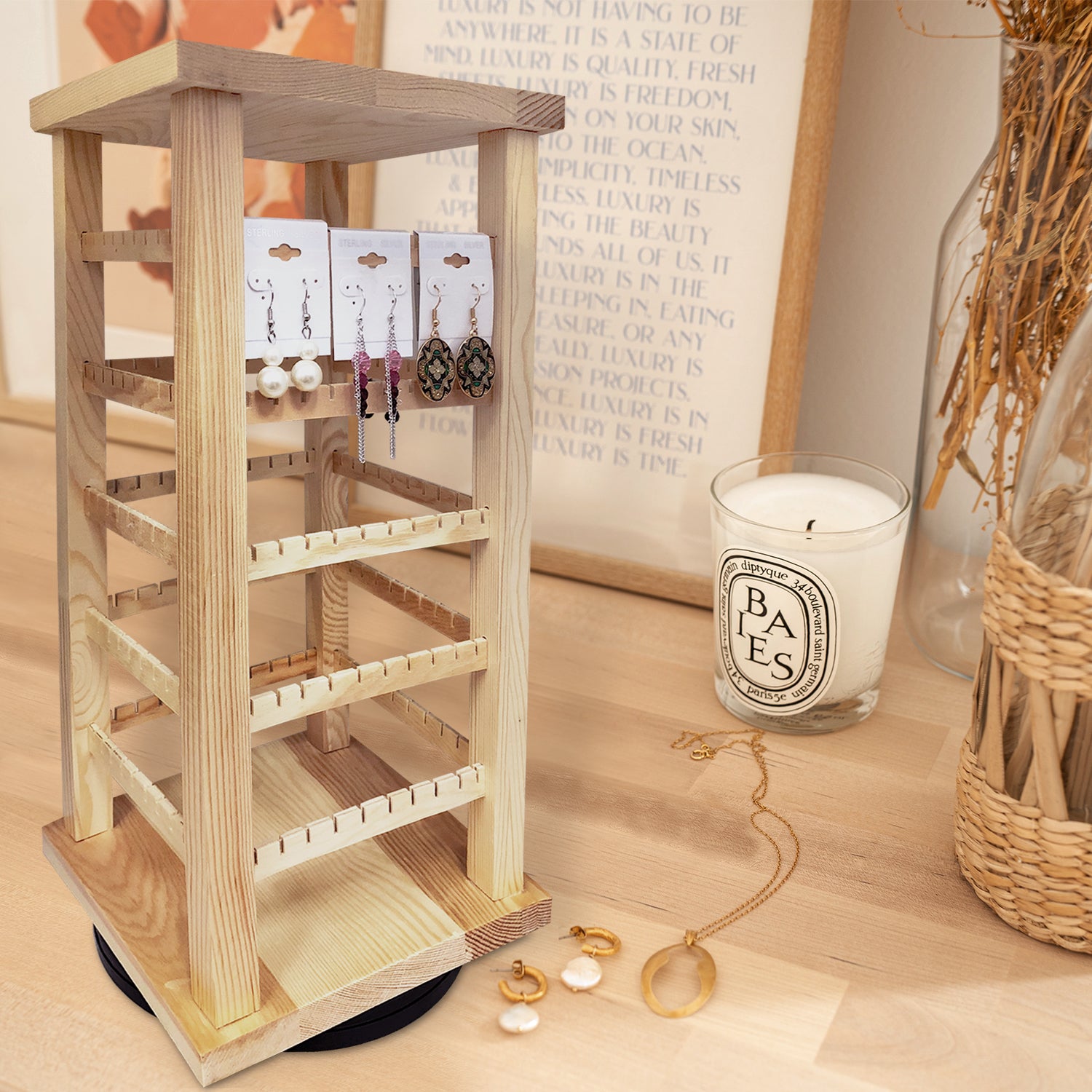 Ikee Design® Natural Wood Rotating Jewelry Earring Storage Display