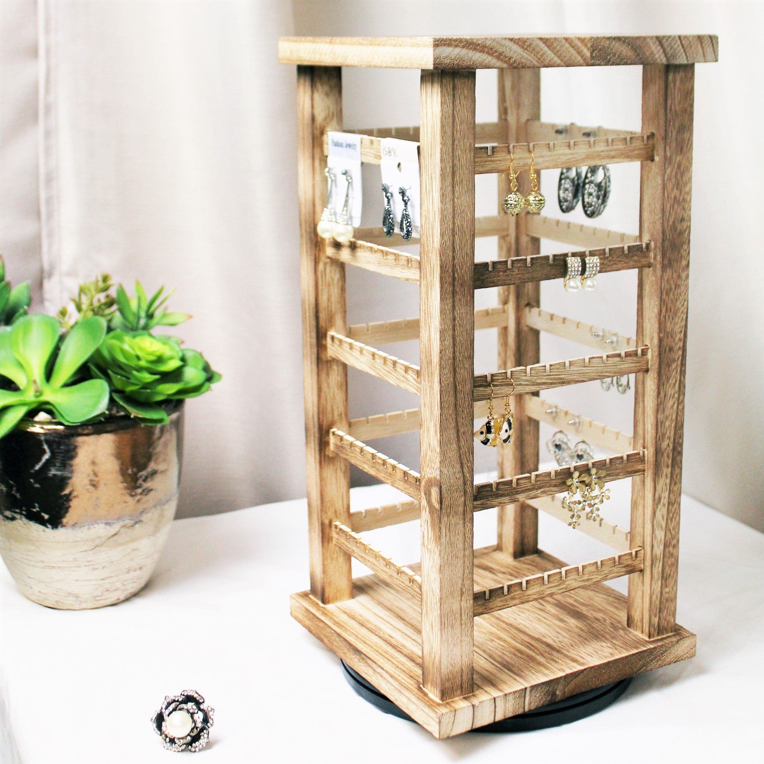 Ikee Design® Natural Wood Rotating Jewelry Earring Storage Display