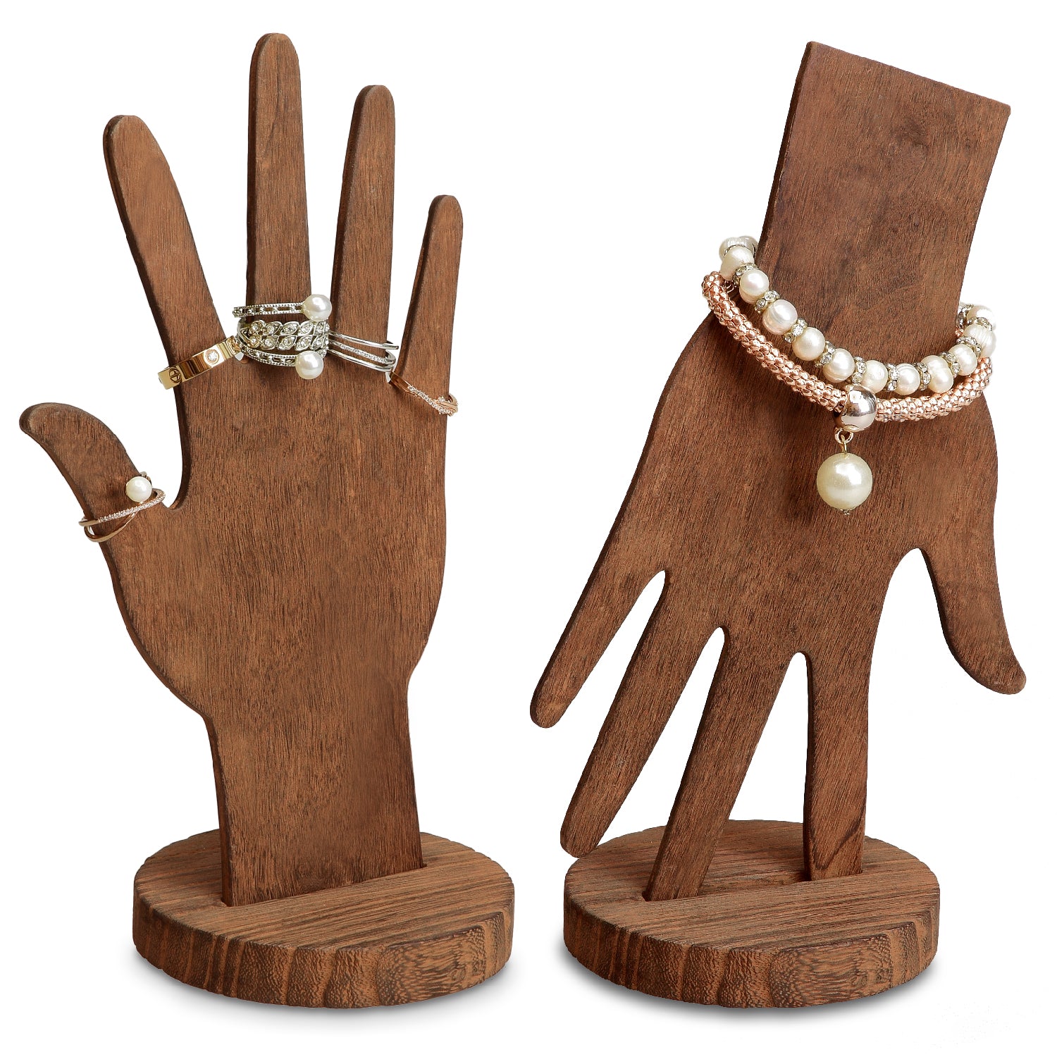 Brass-Tone Metal Hand-Shaped Jewelry Holder Stand with Acacia Wood Rin –  MyGift