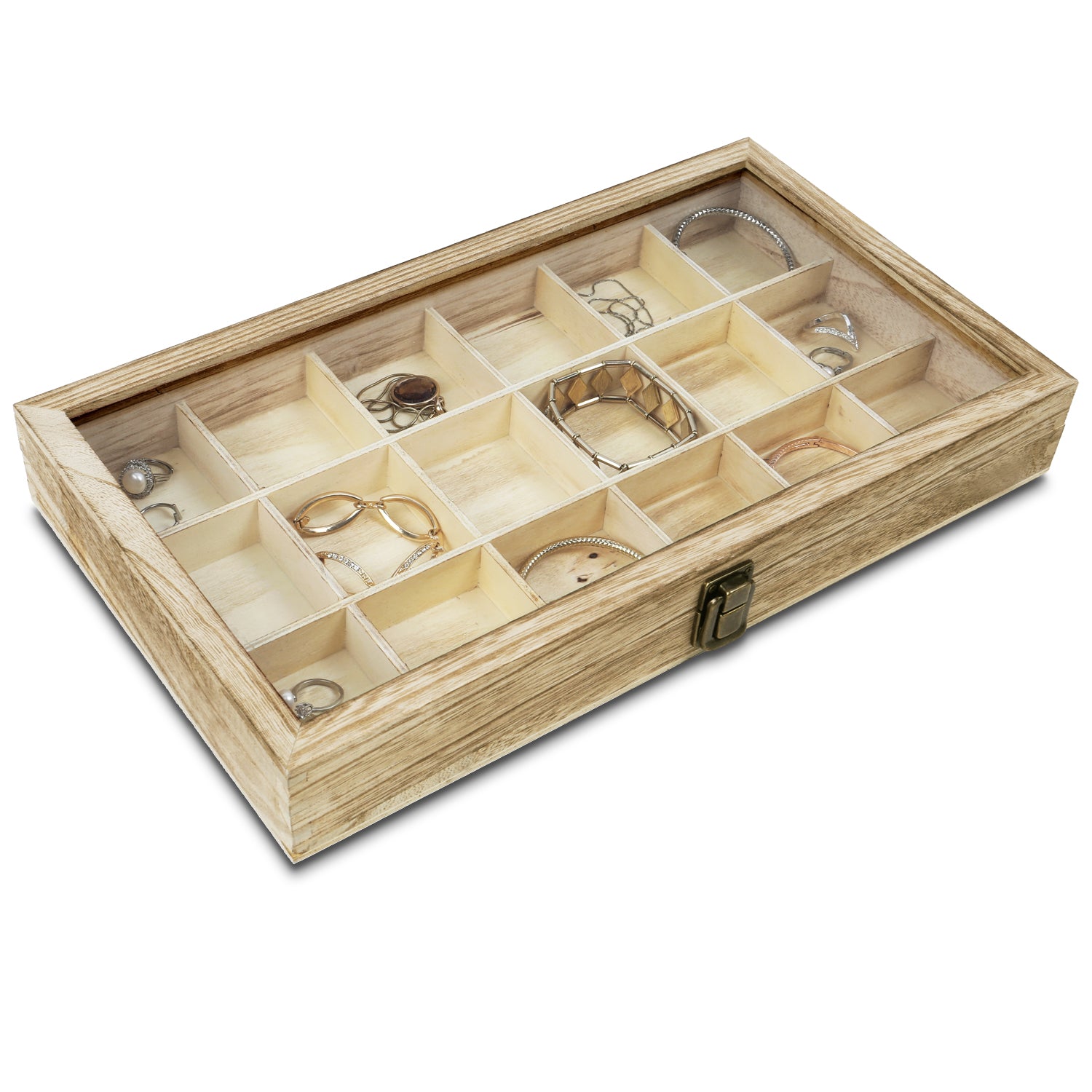 Wooden Jewelry Display Case with Tempered Glass Lid,18 Compartments Tray