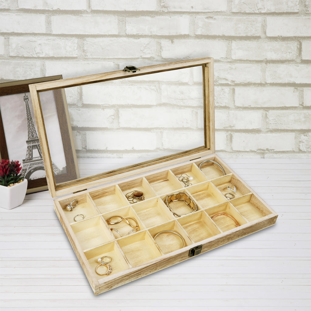 Wooden Jewelry Display Case with Tempered Glass Lid,18 Compartments Tray
